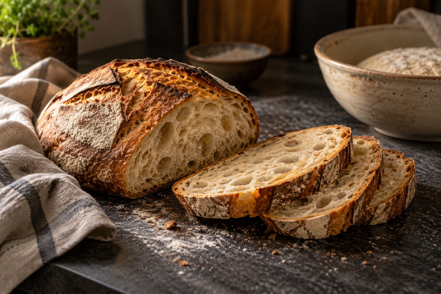 Golden sourdough bread on a dark kitchen counter